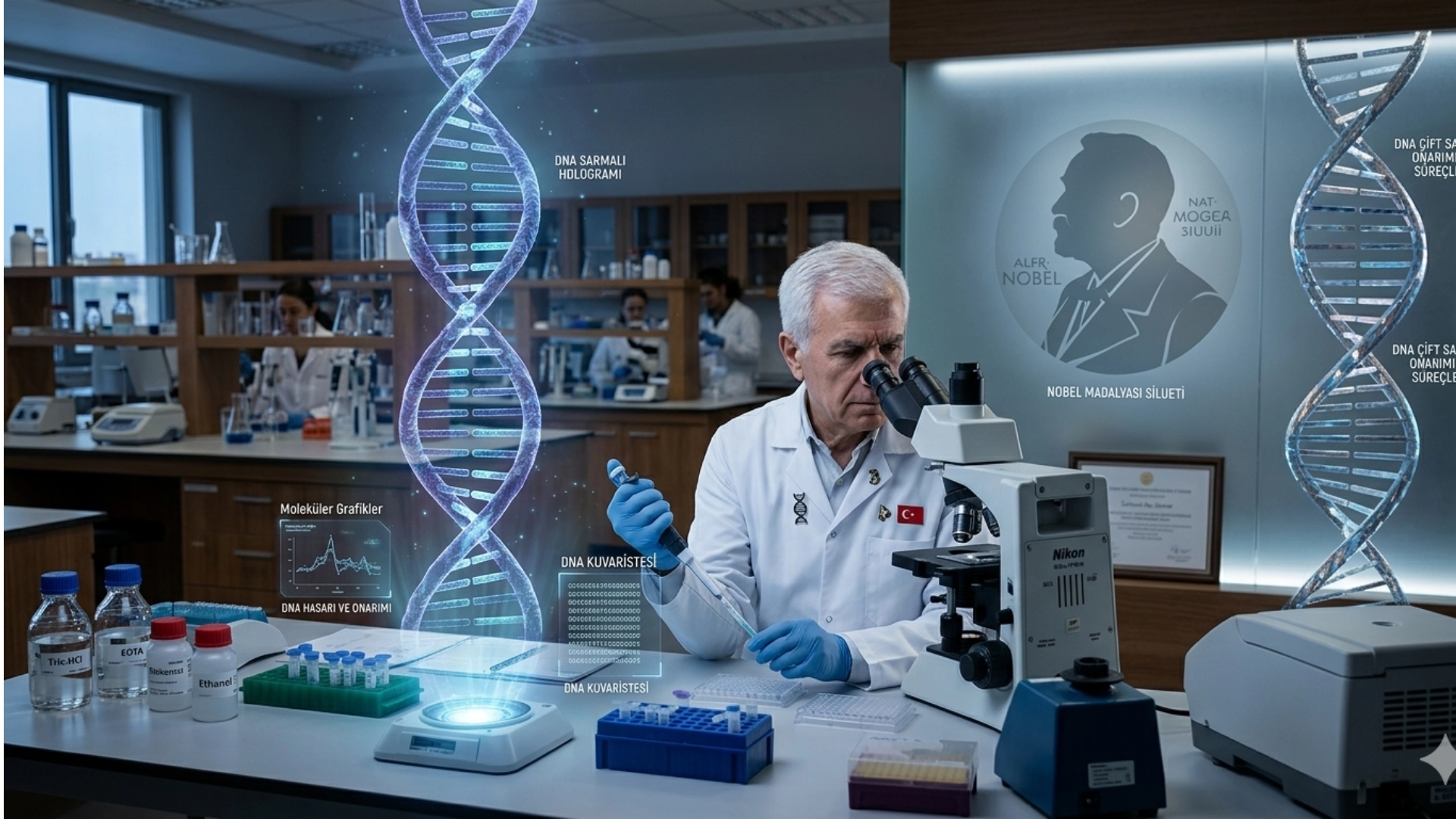 Türk bilim insanı Aziz Sancar’ın DNA onarım mekanizması keşfiyle Nobel kazanmasını anlatan temsili görsel.