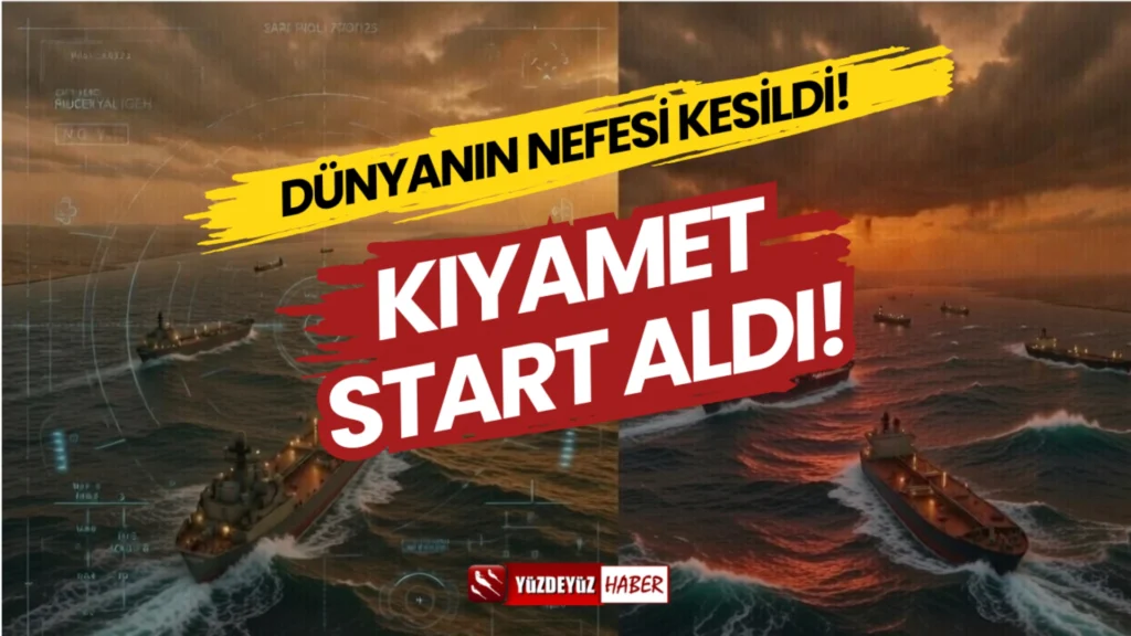 Küresel petrol ticaretinin ana damarı Hürmüz Boğazı'nın kapatılmasını simgeleyen stratejik harita ve görsel