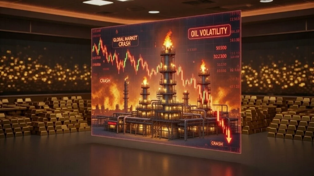 Petrol fiyatları ve altın grafiklerinin savaş etkisiyle yükselişini gösteren finansal görsel.