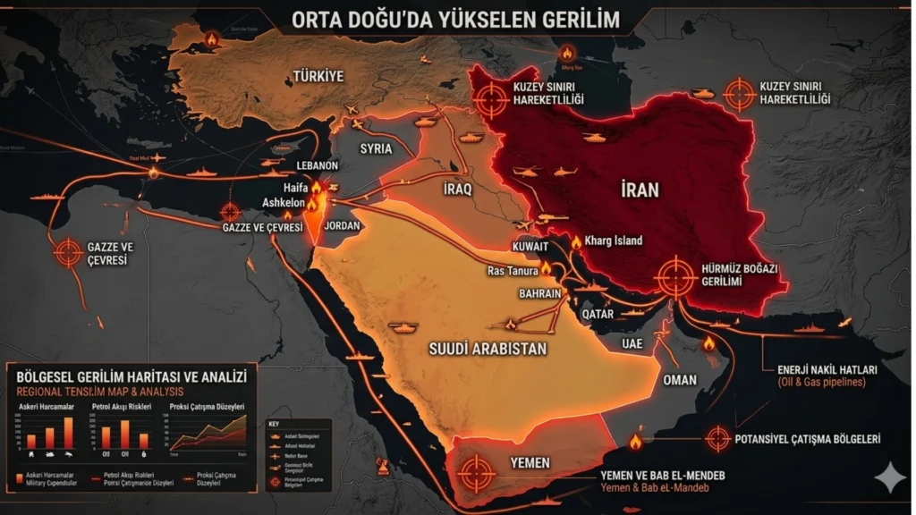 Orta Doğu’daki gerilimli bölgeleri ve potansiyel çatışma risklerini gösteren harita illüstrasyonu
