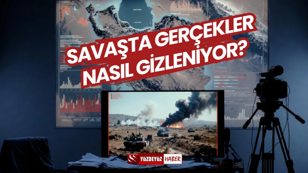 İran devlet televizyonu ve savaş propagandasını temsil eden illüstrasyon.